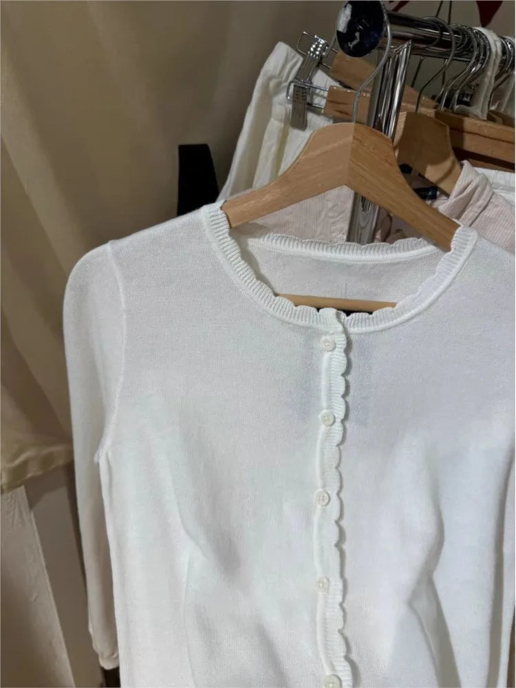 Simple Pockets Slim Knitted Sweater Cardigan Woman O-Neck Long Sleeve Cotton Sweaters Sweet Preppy Style Knitwear Coat Y2K Tops