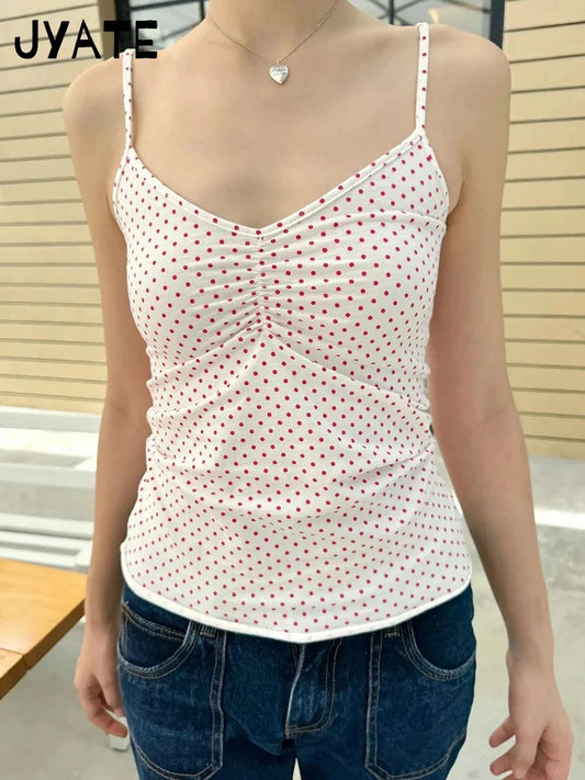 Polka Dots Print Folds Camisole Women Summer New Cotton Soft Casual Slim Sleeveless Vests Sweet Simple Preppy Style Camisole Y2K
