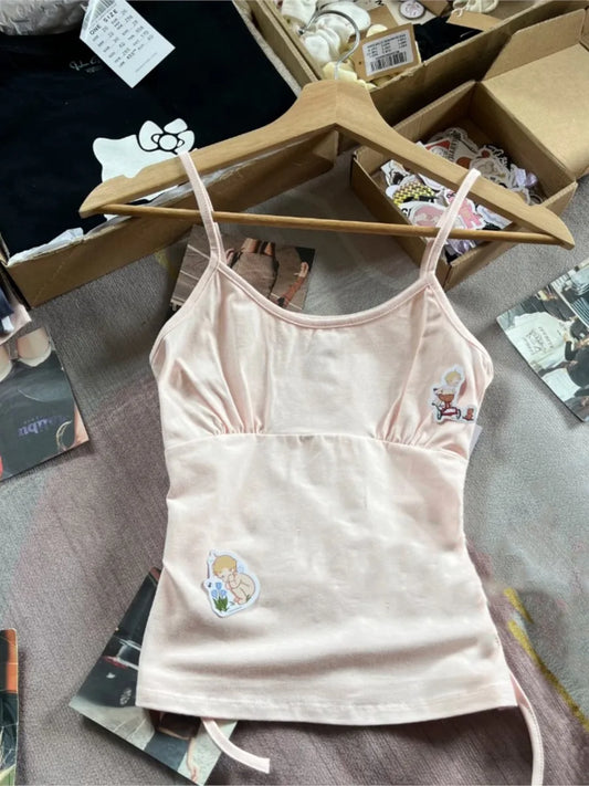 Sweet Pink Back Lace-up Camisole Women Summer Casual Cotton Sleeveless Tank Tops Female Vintage Preppy Style Cute Vests Y2K Top