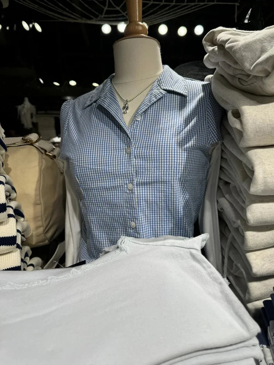 Blue Striped Button Blouse Women Summer New Streetwear Casual Lapel Short Sleeve Tees Sweet Cute Preppy Style T-shirts Y2K Tops