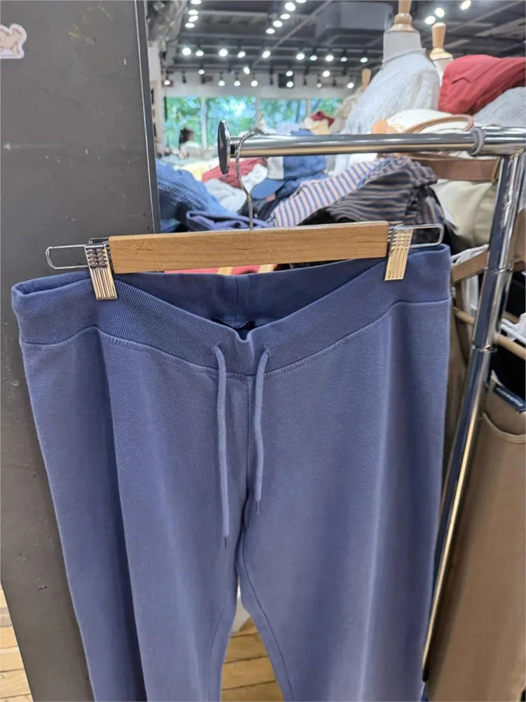 Navy Velvet Drawstring Sweatpants Woman Spring Raw Hem Straight Yoga Long Pants Female Vintage Streetwear Cotton Fleece Trousers