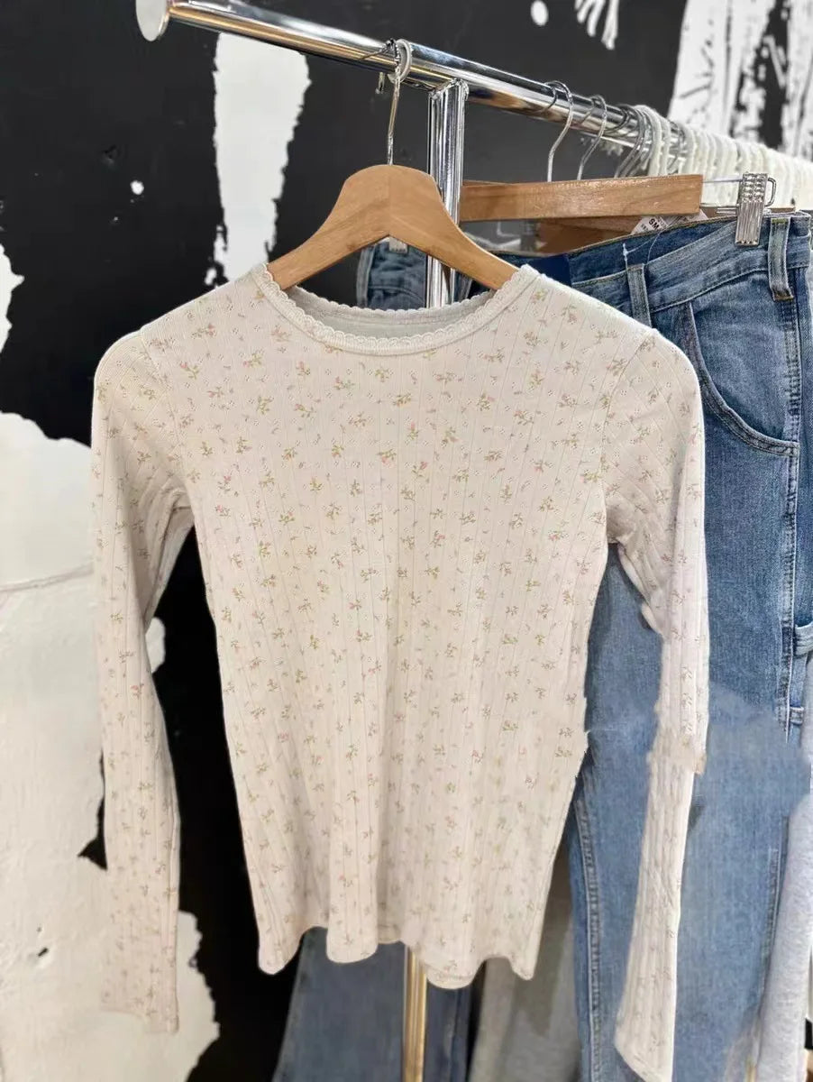 Sweet Orange Floral Print Waffle Long Sleeve Tees Women Autumn Cotton Caasual Streetwear O-neck Slim Tops Cute Chic Y2K T-shirts