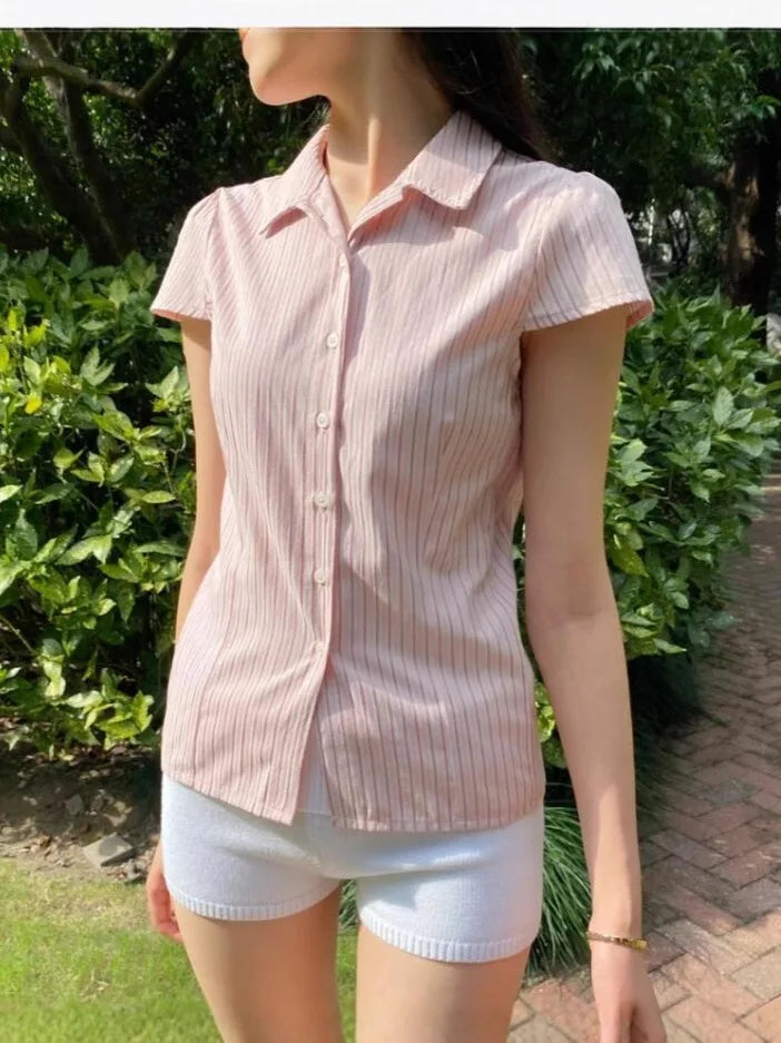 Sweet Pink Striped Blouse Women Summer Casual Streetwear Slim Short Sleeve Buttons T-shirts Cute Preppy Style Tshirt Y2K