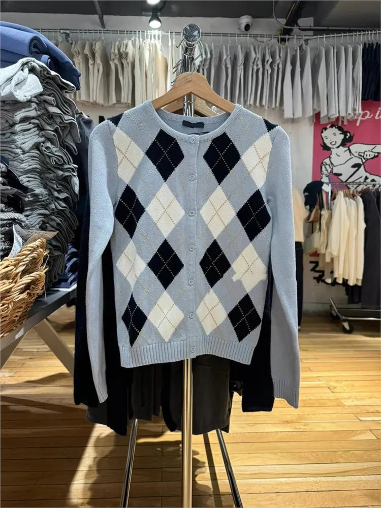 Diamond Jacquard Button Sweater Coat Women Autumn New Casual Slim Cotton O-neck Casual Jumper Tops Sweet Preppy Style Cardigan
