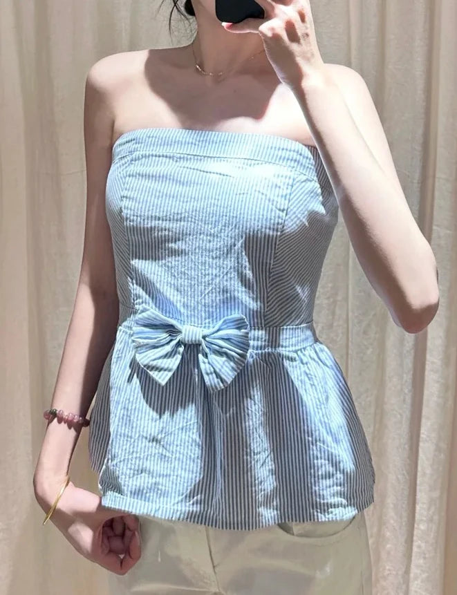 Sexy Blue Striped Bow Tube Top Women New Cute Strapless Cotton Sleeveless Vest Summer Preppy Style Sweet Casual Crop Tank Tops