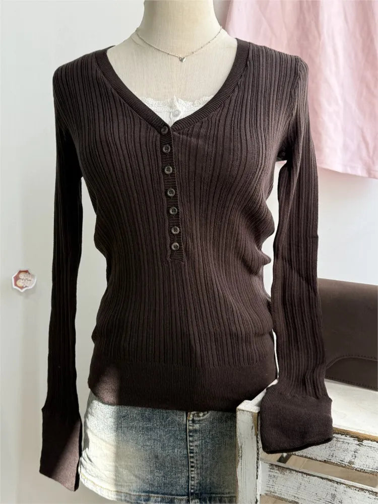 Knitted V-neck T-shirts Women Autumn Buttons Slim