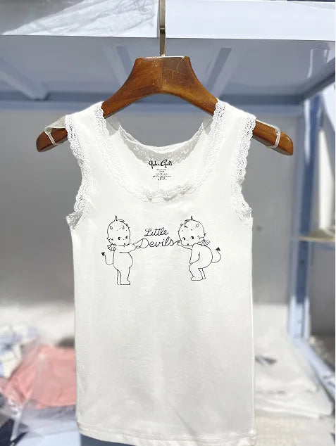 New Sweet Blue Lace Trim Tank Tops Women Summer Cotton Slim Sexy Simple Sleeveless Vests Harajuku Vintage Cute Camis Y2K Clothes