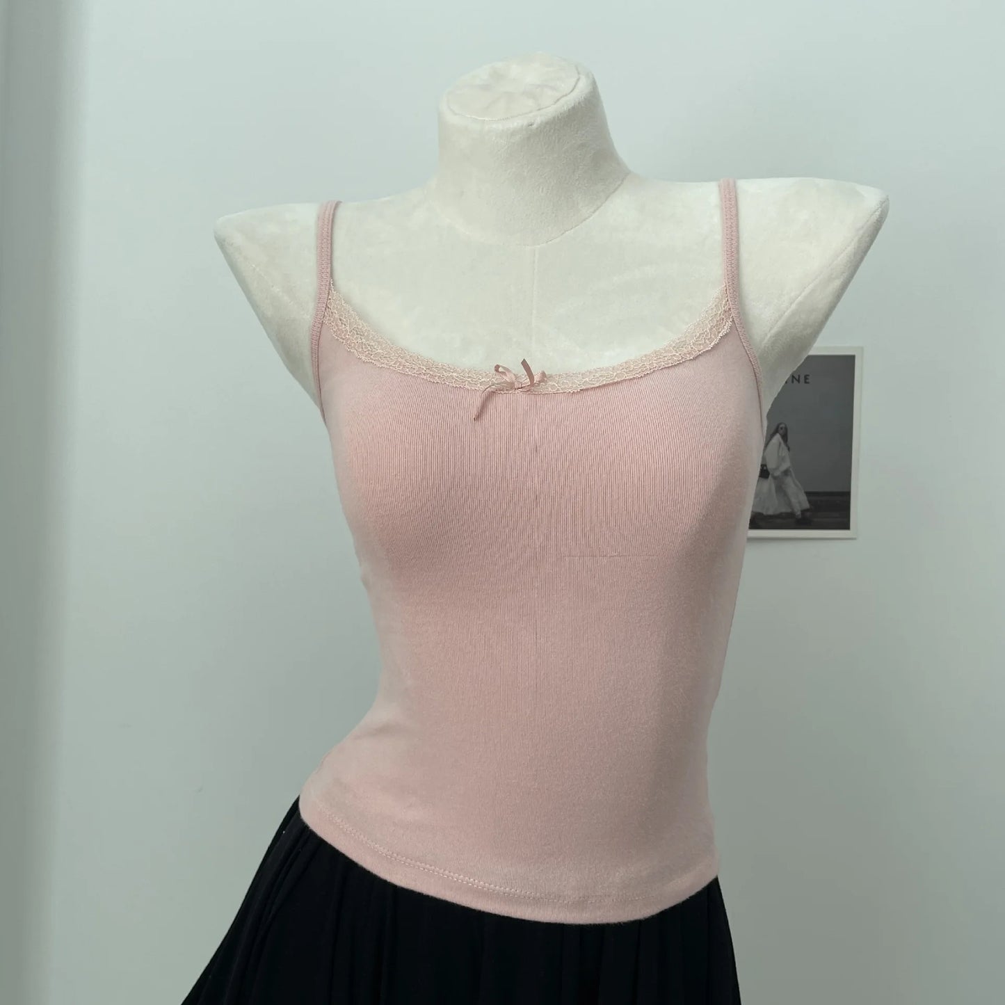 Cute Cotton Soft Lace Trim Tank Tops Women New Summer Solid Chic Bow Slim Cropped Vests Sweet Preppy Style Casual Camisole Y2K