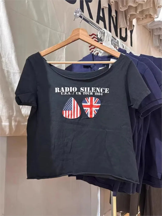 American Flag Letter Print Crop Top Woman New Raw Hem Slash Neck Cotton Short Sleeve Tees Vintage Simple Cute T-shirts Tops Y2k