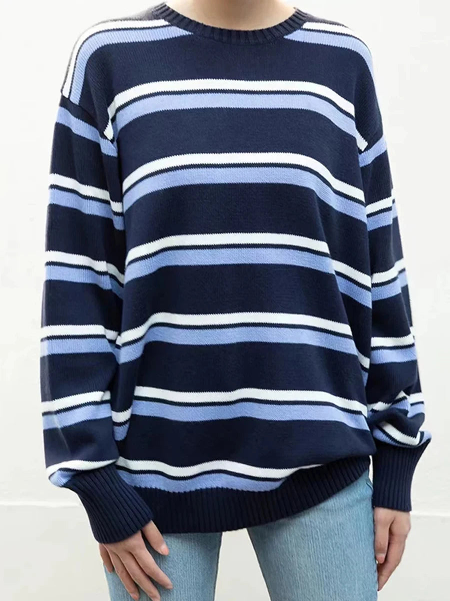 Striped Thick Knitted Jumpers Women Autumn O-neck Fashion Casual Streetwear Loose Pullovers Tops Chic Vintage Sweet Y2K Sweaters