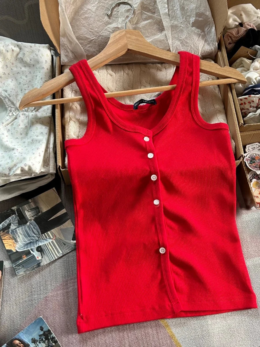 Red Vintage Buttons Slim Vests Women Summer Cotton Simple Basic Casual Sleeveless Tank Tops Sweet Streetwear Chic Cute Camis Y2K