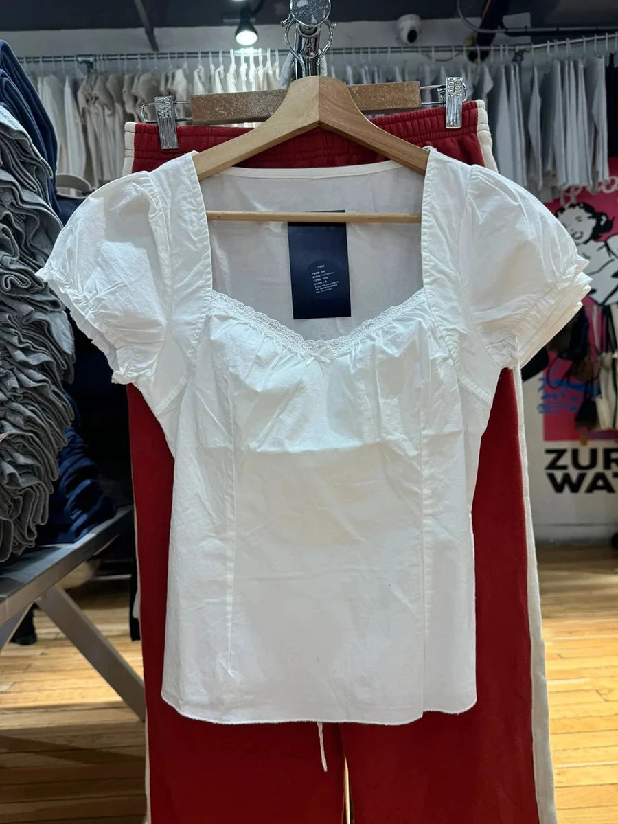 Lace Trim White Buttons Short Sleeve Tees Women Casual Back Lace-up Streetwear Shirt Tops Sweet Chic Preppy Style T-shirts New