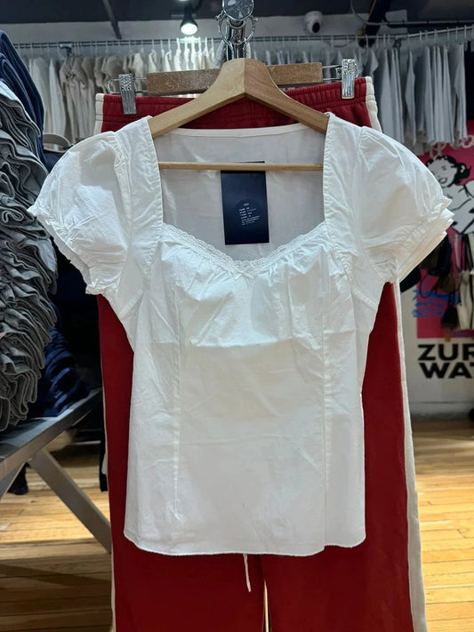 White Lace Trim Short Puff Sleeve Tees Women Summer Cotton Back Lace-up Square Collar T-shirt Blouse Sweet Cute Casual Crop Top