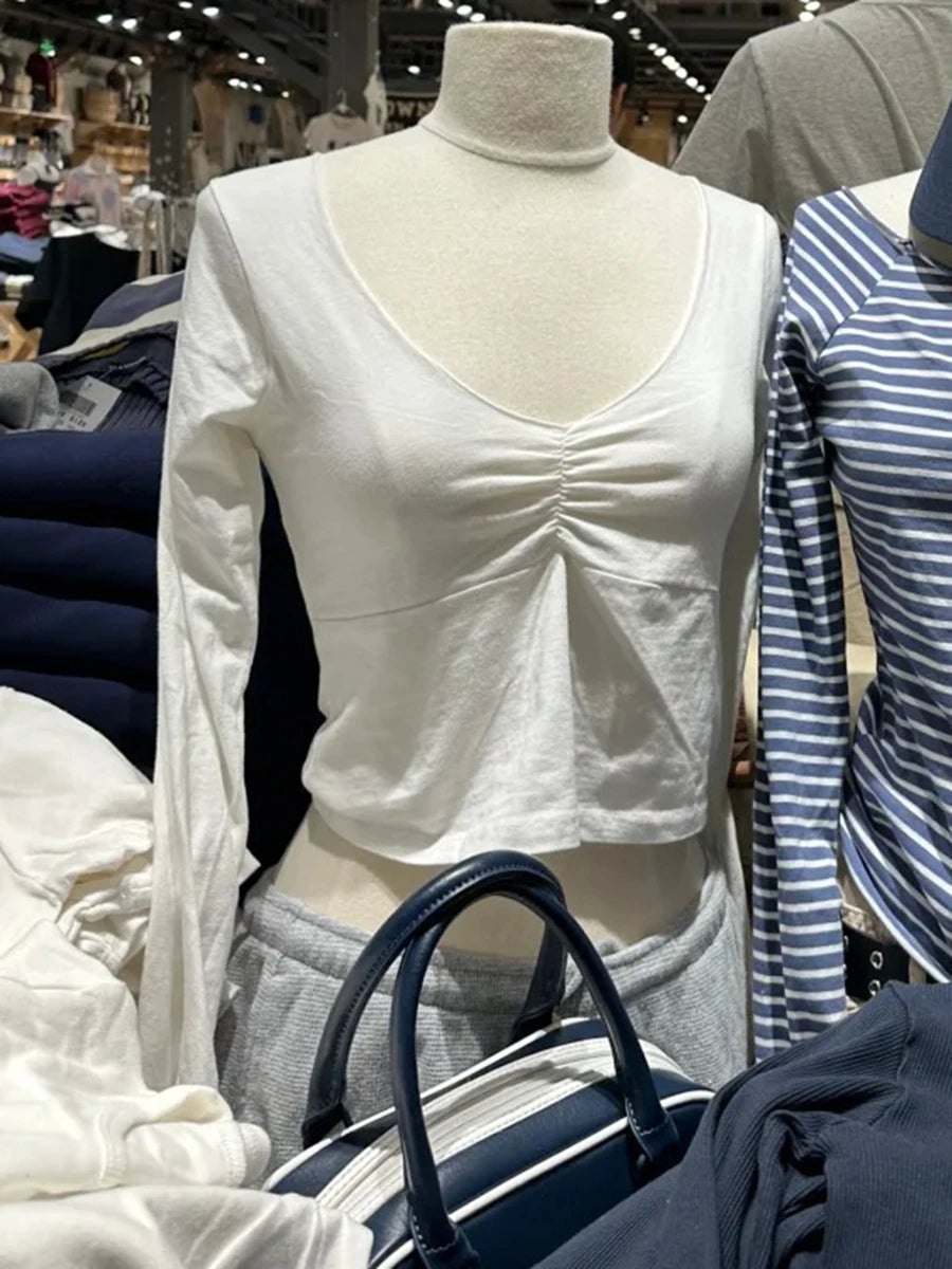 Sweet Gray Folds V-neck Slim Long Sleeve Tees Women Spring New Cotton Soft Simple Basic Crop Tops Vintage Cute Chic T-shirts Y2K