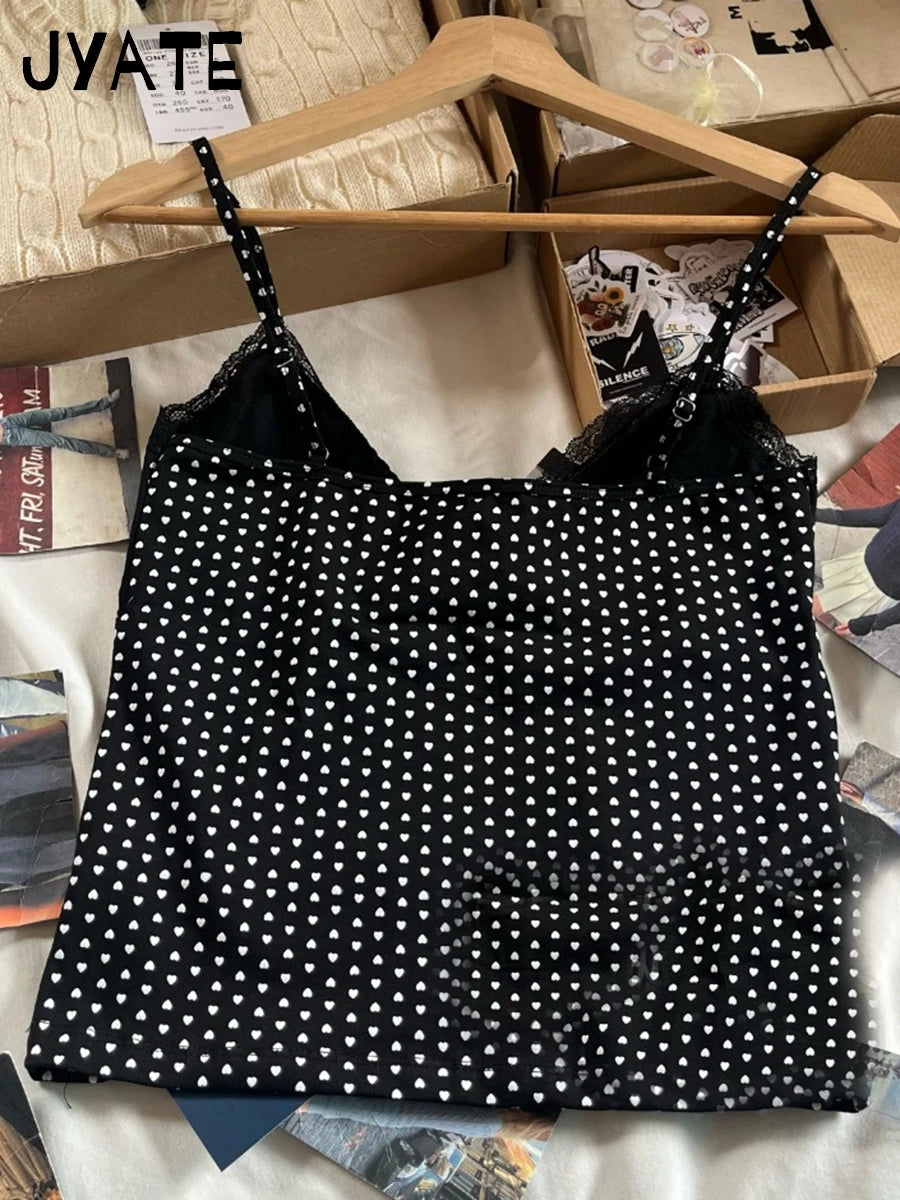Harajuku Heart Print Lace Trim Black Camisole Women Summer New Cotton Sexy Slim V-neck Cropped Vest Vintage Chic Sweet Tank Tops