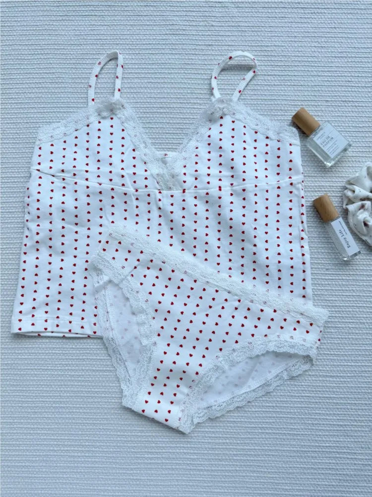 Red Heart Print 2 piece Sets Women Summer Cotton Lace Trim V-neck Camisole+Short Pants Sweet Home Short Outfits Y2K Clothes New