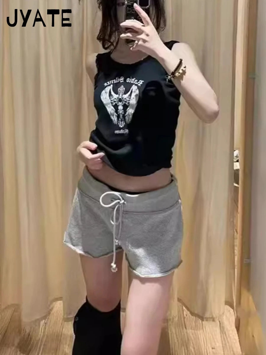 Cross Print Lace Trim Black Tank Tops Women Summer Casual Slim Streetwear Sleeveless Cropped Vests Harajuku Vintage Chic Camis