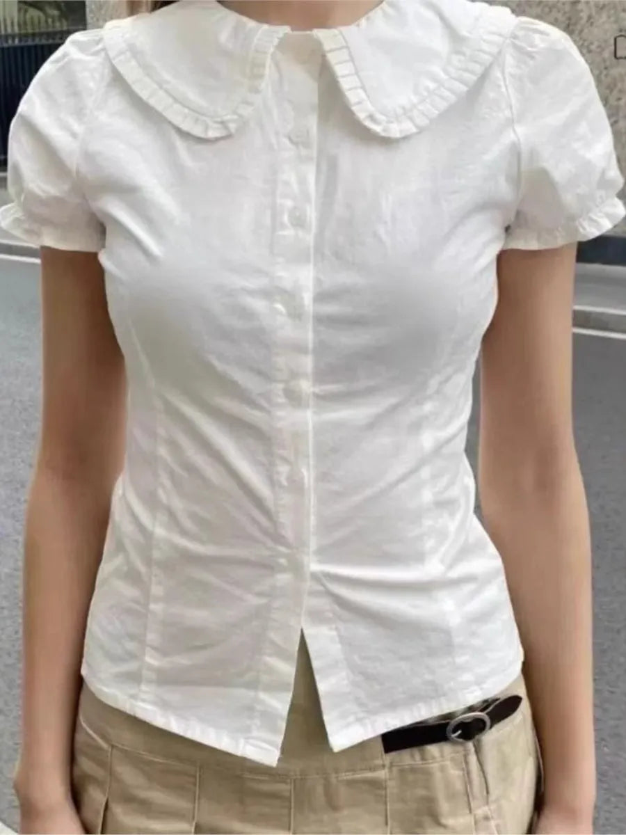 White Buttons Peter pan Collar Blouse Women Cotton Casual Preppy Style Short Sleeve Tees Sweet Vintage Cute T-shirts Y2K Tops