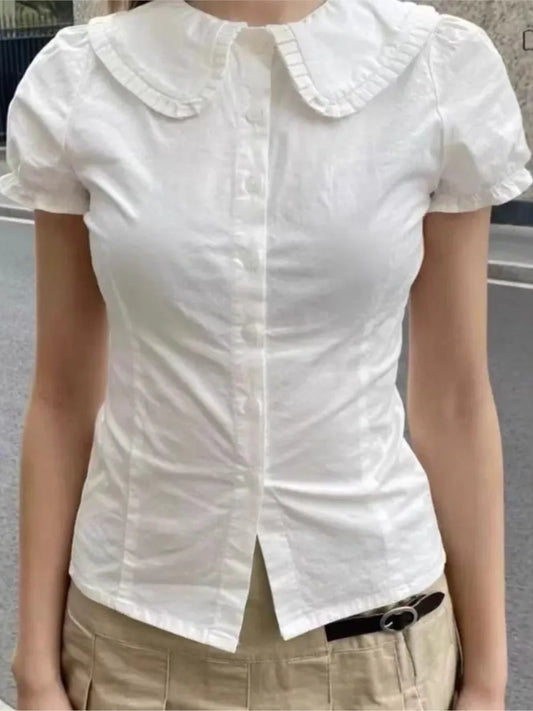 White Buttons Peter pan Collar Blouse Women Cotton Casual Preppy Style Short Sleeve Tees Sweet Vintage Cute T-shirts Y2K Tops