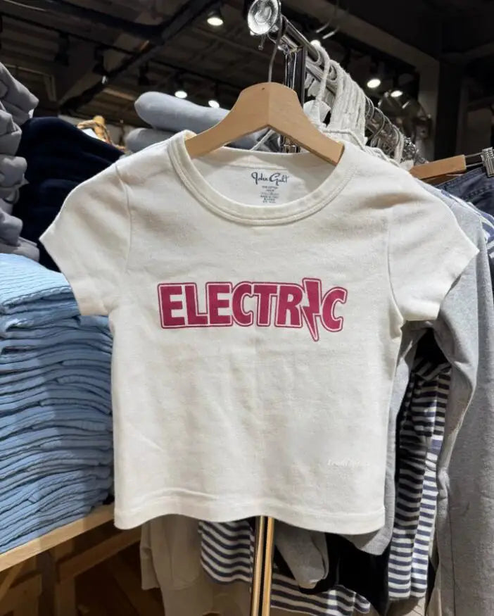 Letter Print Crop Tops Women Summer Streetwear Chic Cotton Slim Short Sleeve Tees Vintage Preppy Style Y2K Cropped T-shirts