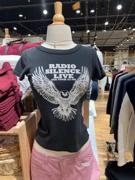 American Vintage Crop Top Women Streetwear Crew Neck Cotton Slim Short Sleeve T-shirts Fashion Black Eagle Print Tops Tees Y2k