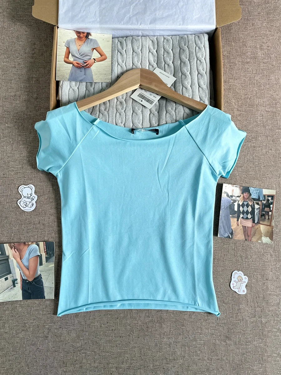 Orange Slash Neck Raw Hem Crop Tops Women Simple All-match Cotton Casual Slim T-shirts Female Sweet Chic Basic Cropped Tees Y2K