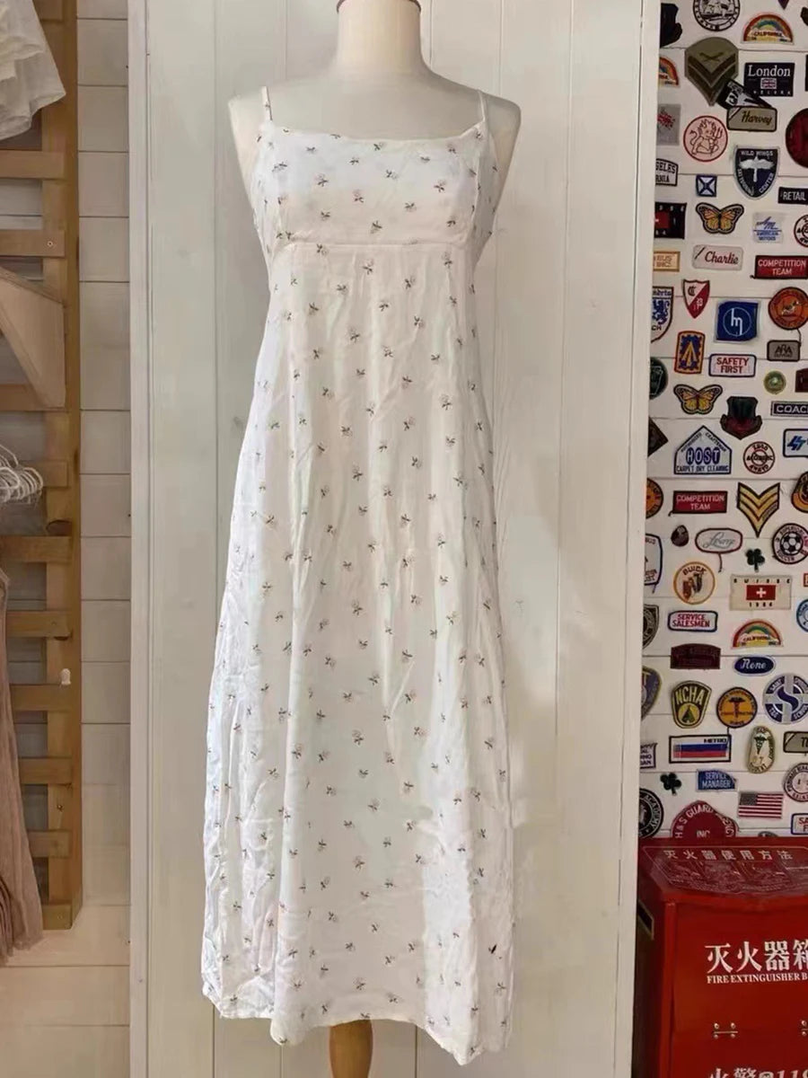 Sweet Floral Print Sexy Backless Camis Dress Women Summer Chiffon High Waist Sleeveless Long Dresses Vintage Cute Y2K Vestidos