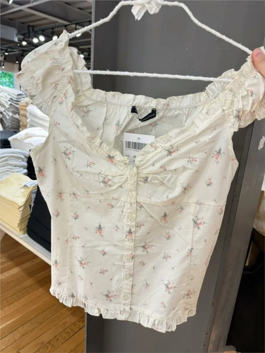 Floral Folds Ruffle Blouse Top Women Summer New Single Breasted Sleeveless Tank Tops Vest Sweet Cute Preppy Style Camisole OOTDS