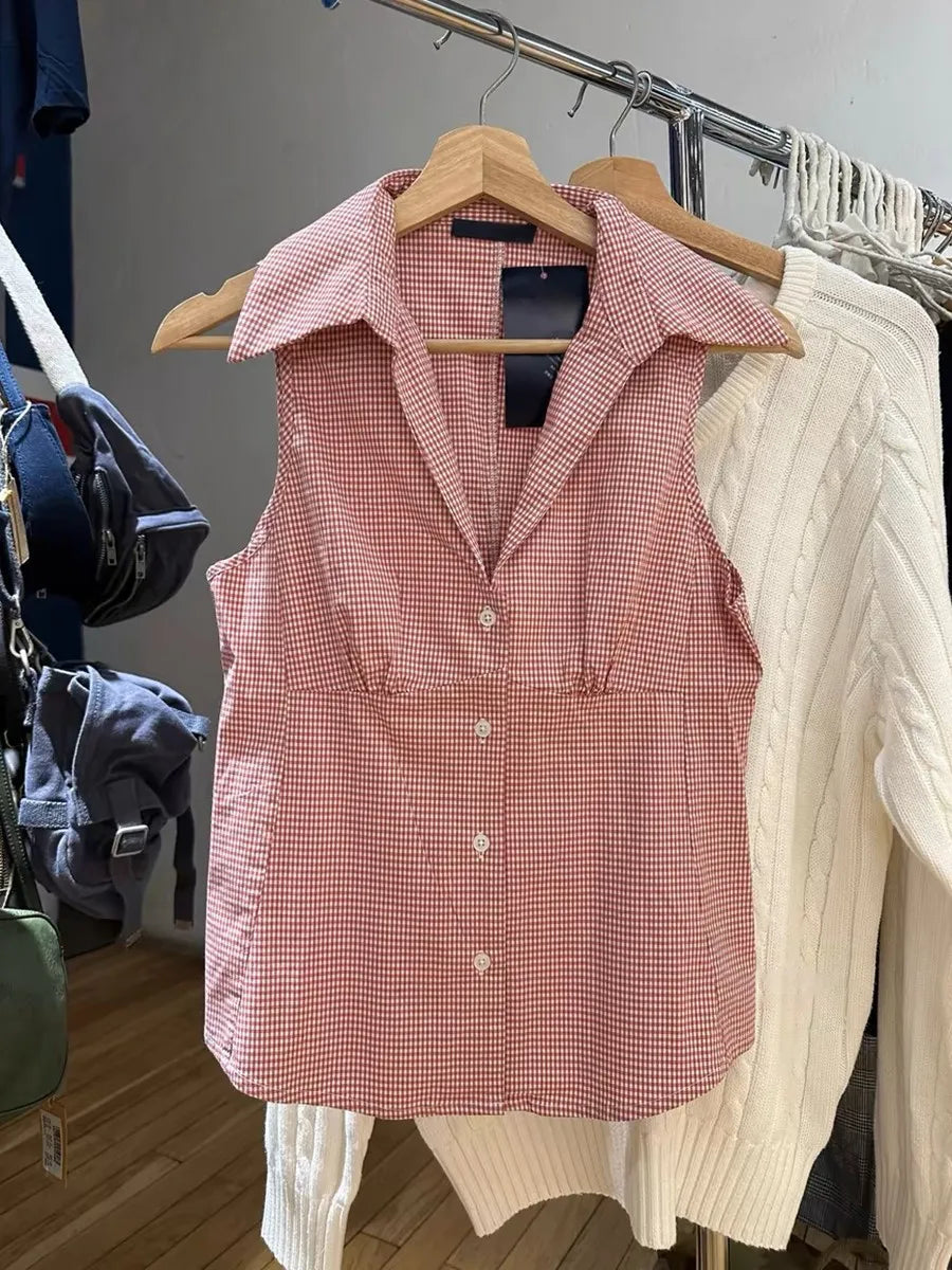 Pink Striped Blouse T-shirts Women Summer Casual Slim Turn-down Collar Sleeveless Tees Cute Sweet Preppy Style Y2K Crop Tops New