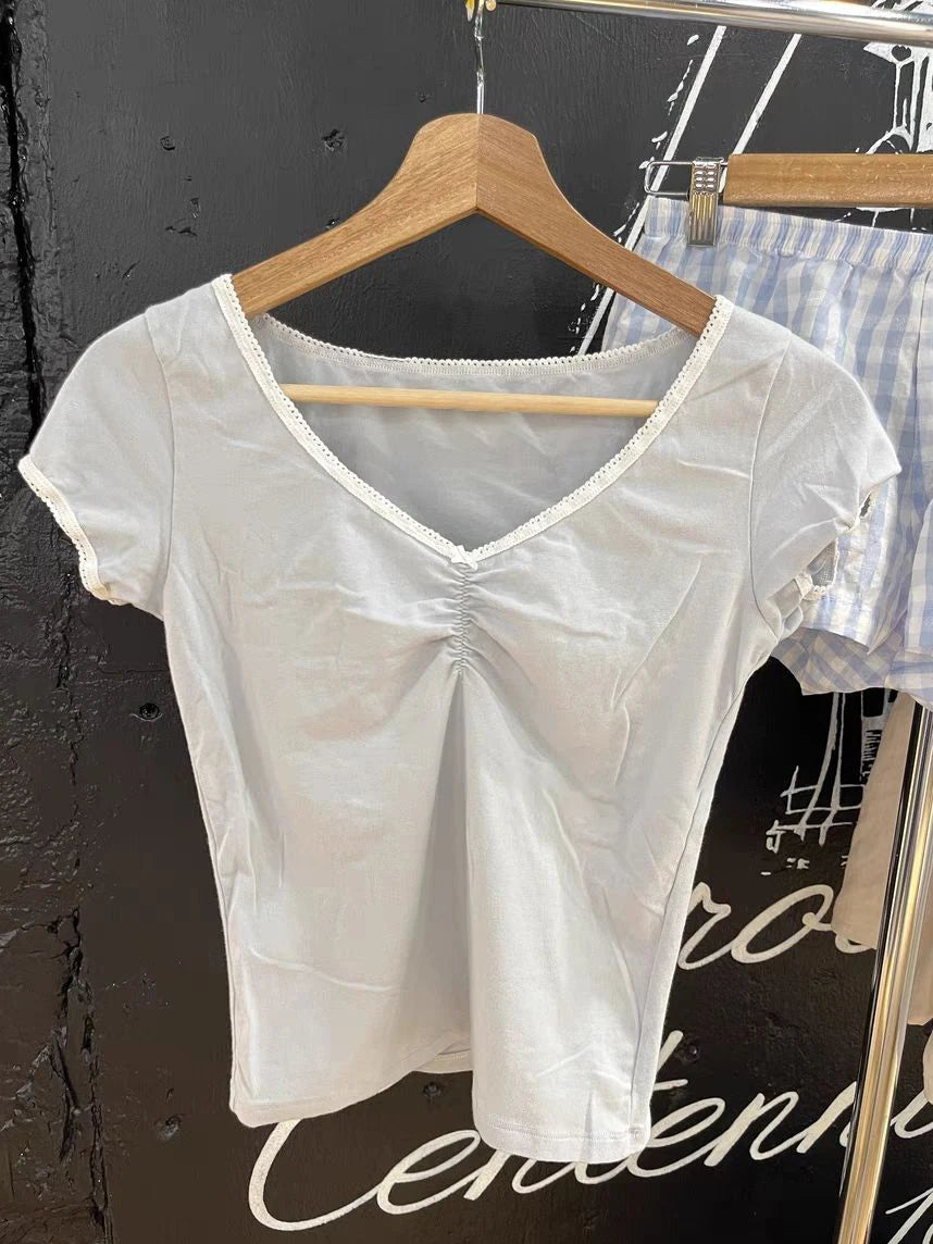 Floral Print Slim V-neck T-shirts Women Bow Sexy Folds Lace Trim Cotton Short Sleeve Tee Shirt Sweet Preppy Style Solid Crop Top