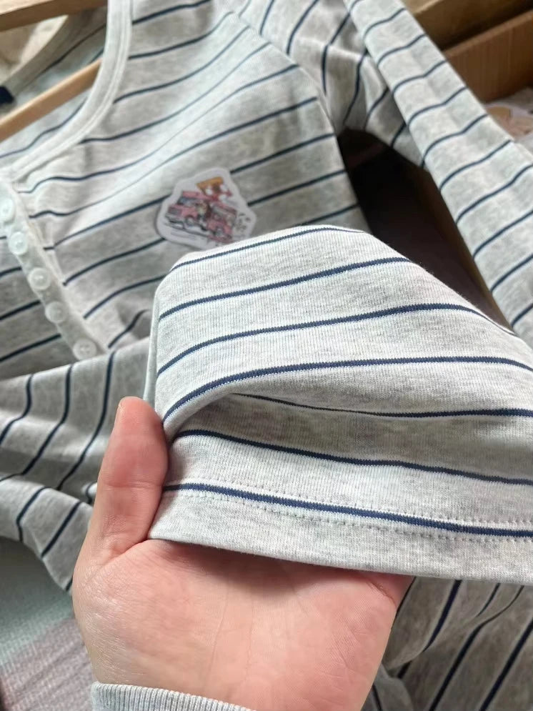 Gray Striped Buttons Long Sleeve Tee Women New Casual O-Neck Cotton Slim Patchwork T-shirt Vintage Simple Sweet Tshirt Y2K Top