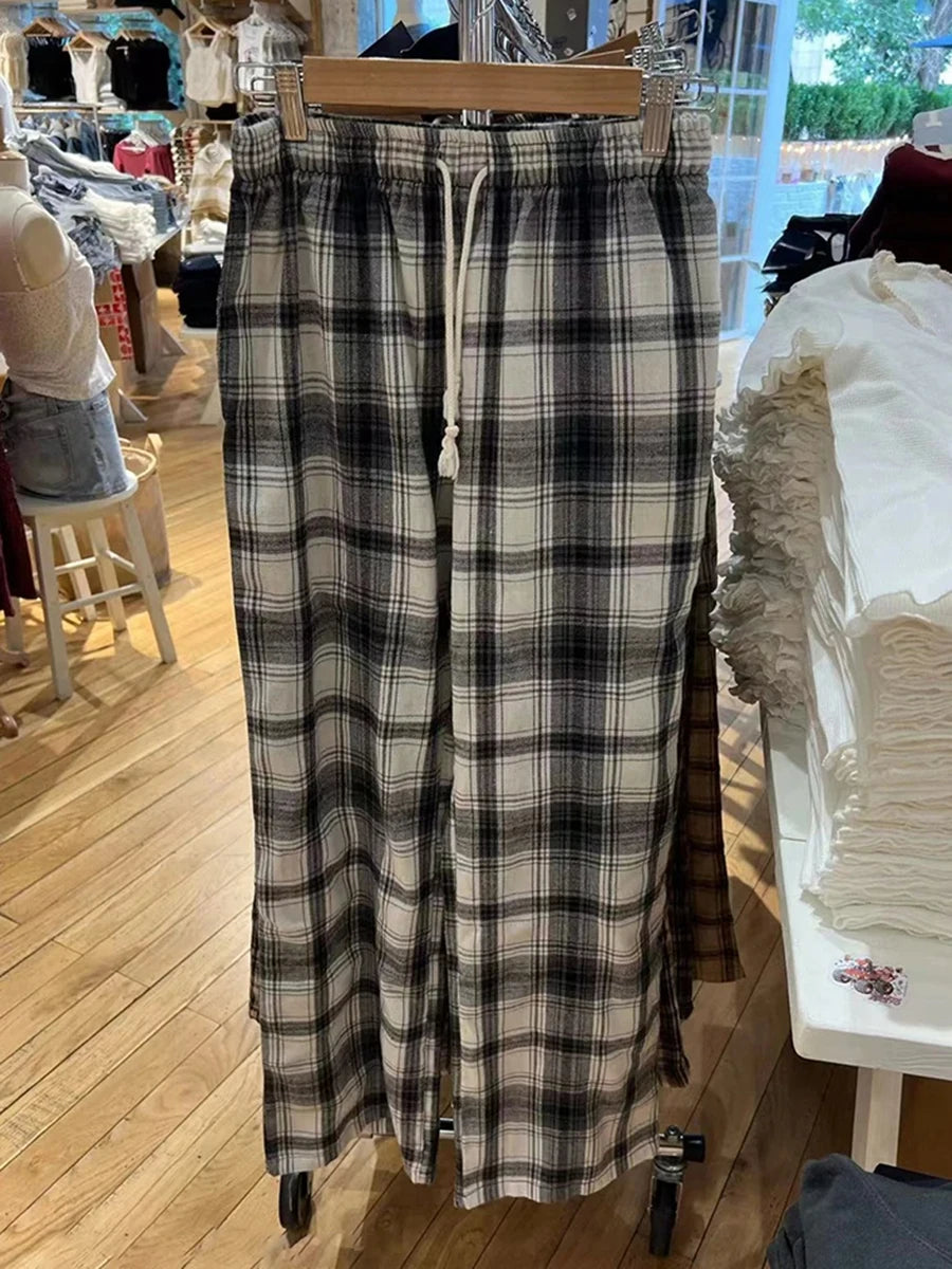 Vintage Plaid Drawstring Sweatpants Women New Cotton Elastic Waist Straight Baggy Comfort Pants Casual Sweet Sports Trousers Y2K