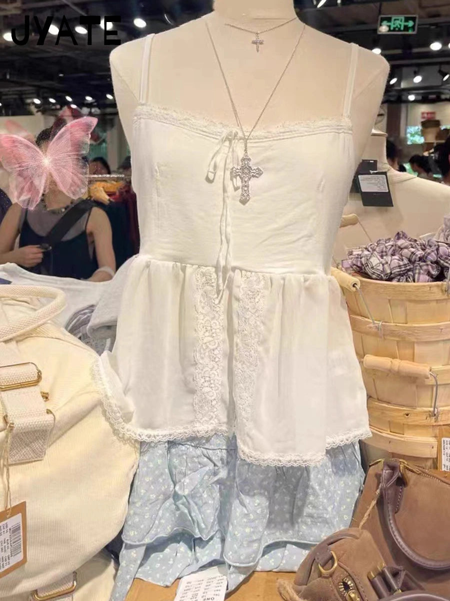 White Sheer Mesh Lace-up Camisole Women New Lace Trim Patchwork Bow Cute Cropped Vests Sweet Preppy Style Blouse Tank Tops Y2K