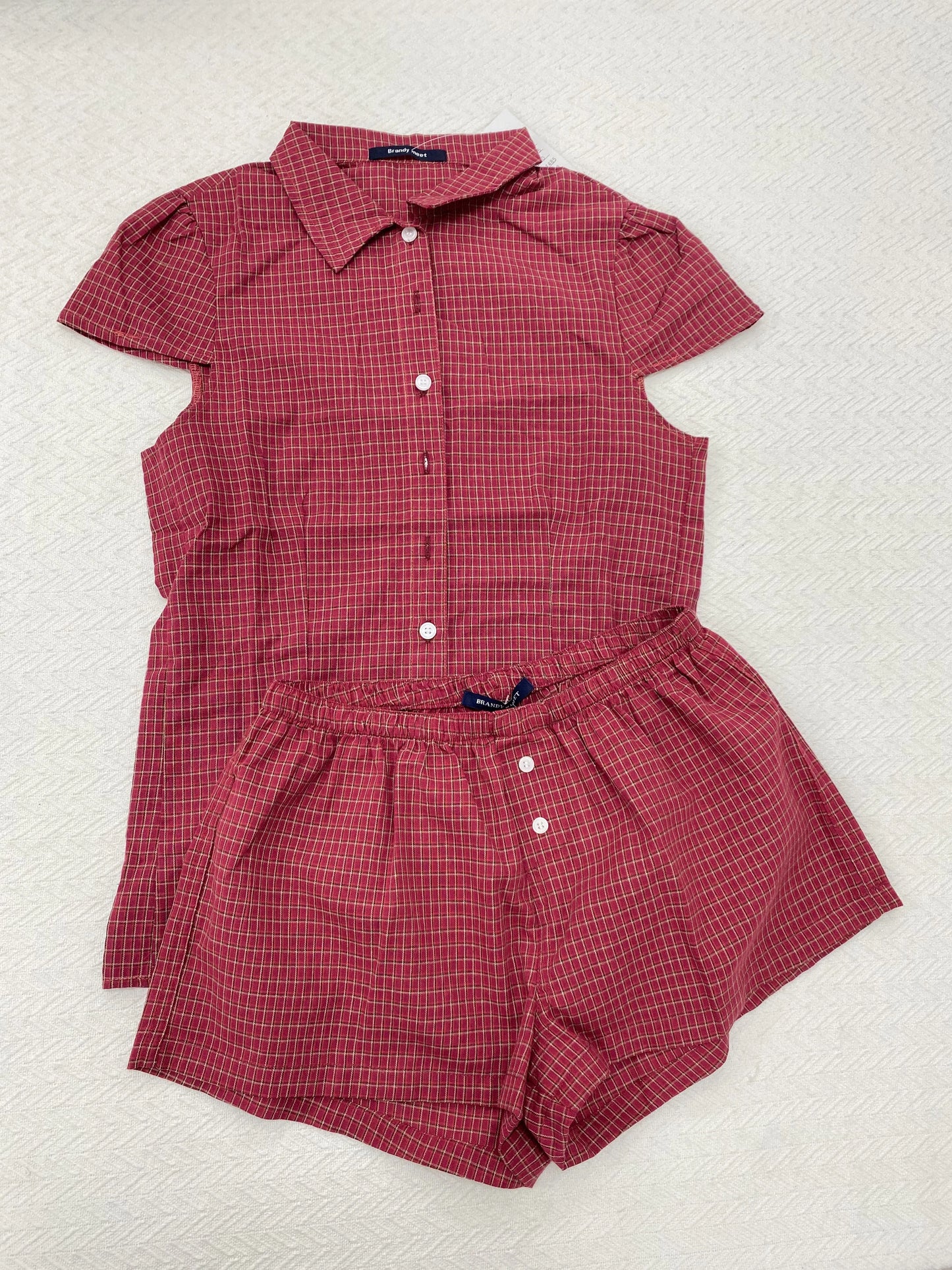 Vintage Red Plaid Blouse T-shirt Short Set Women Summer Buttons Tee+Straight Sweatshorts Suit Sweet Home Pajama 2 Piece Sets Y2K