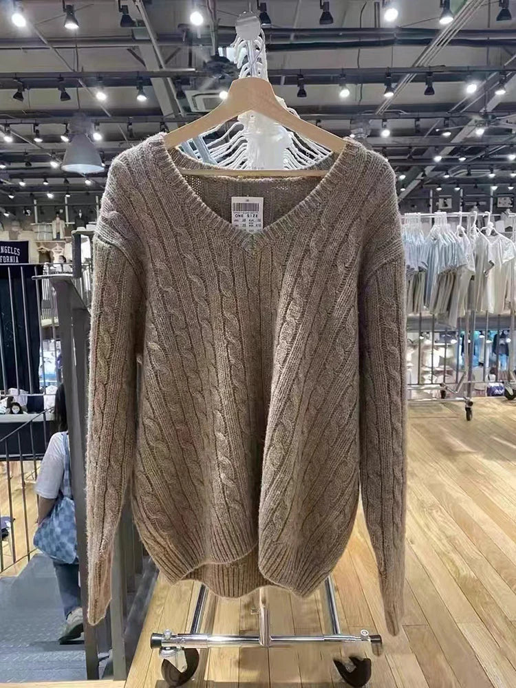 Navy Twisted Flower Knitted Sweater For Woman Spring V-neck Long Sleeve Slim Pullover Cute Vintage Streetwear Jumper Tops Y2k