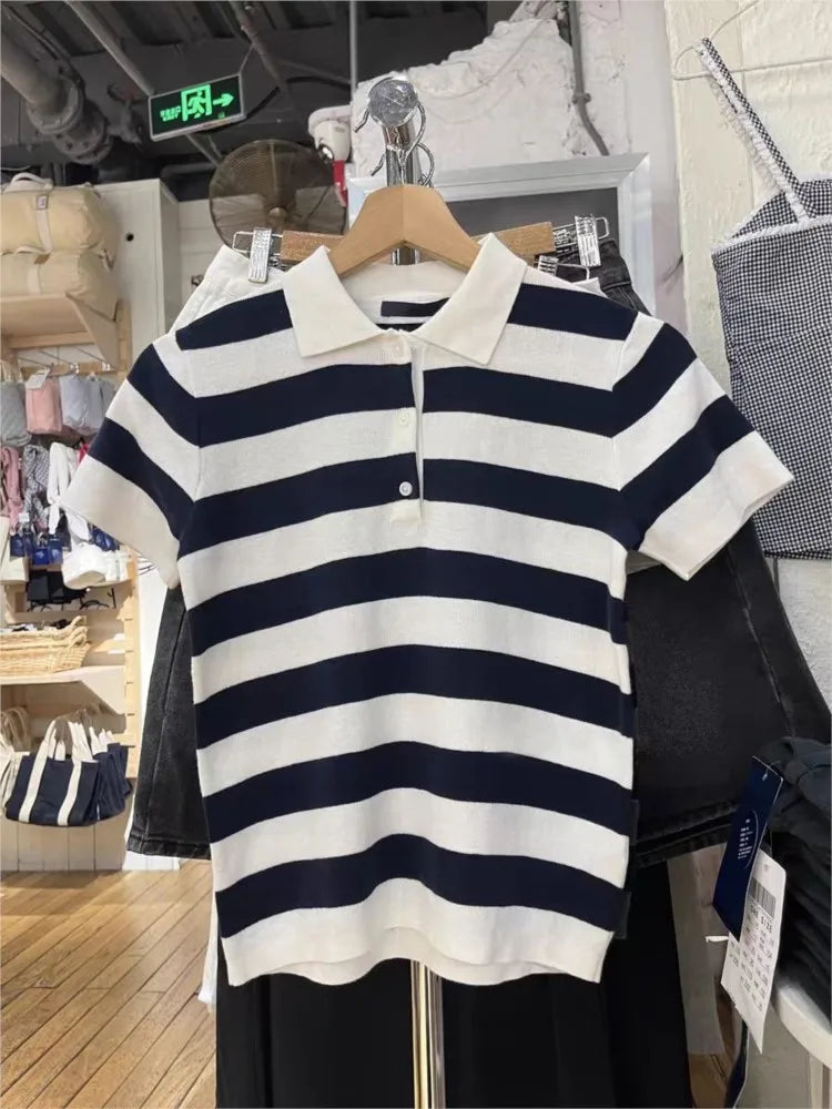 Vintage Striped Knitted Slim T-shirt Women Buttons Turn-down Collar Short Sleeve Tees Preppy Style Cotton Sweet Y2K Tshirts Tops