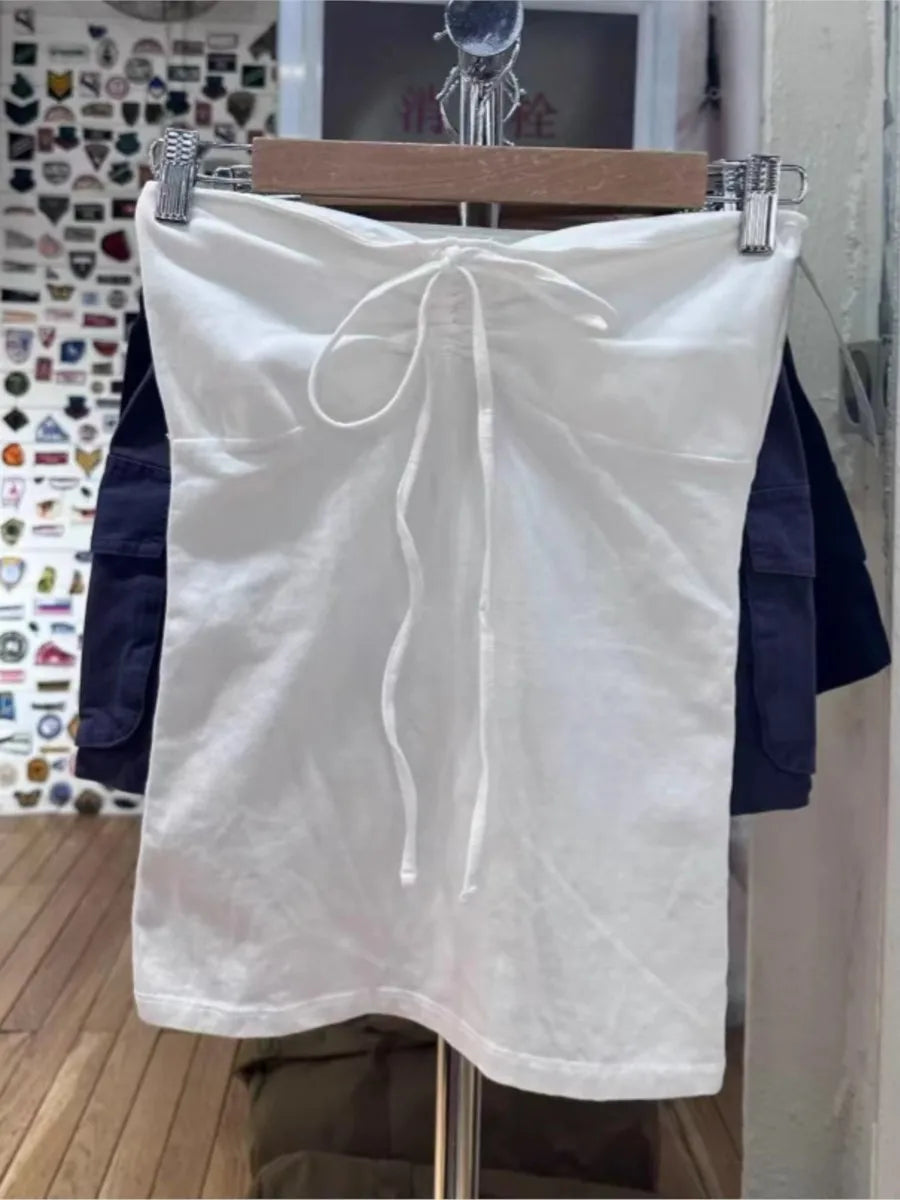 Sweet Solid Cotton Drawstring Strapless Tank Tops Women Streetwear Side Split Slim Cropped Vest Summer Vintage Chic Camis Y2K