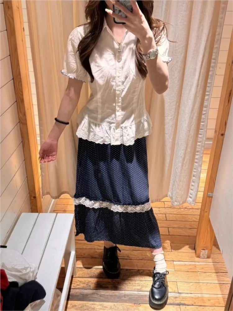 White Blue Lace Trim T-shirt Blouse Women Casual Pan Collar Single Breasted Short Sleeve Tee Sweet Vintage Cute Slim Tshirt Tops