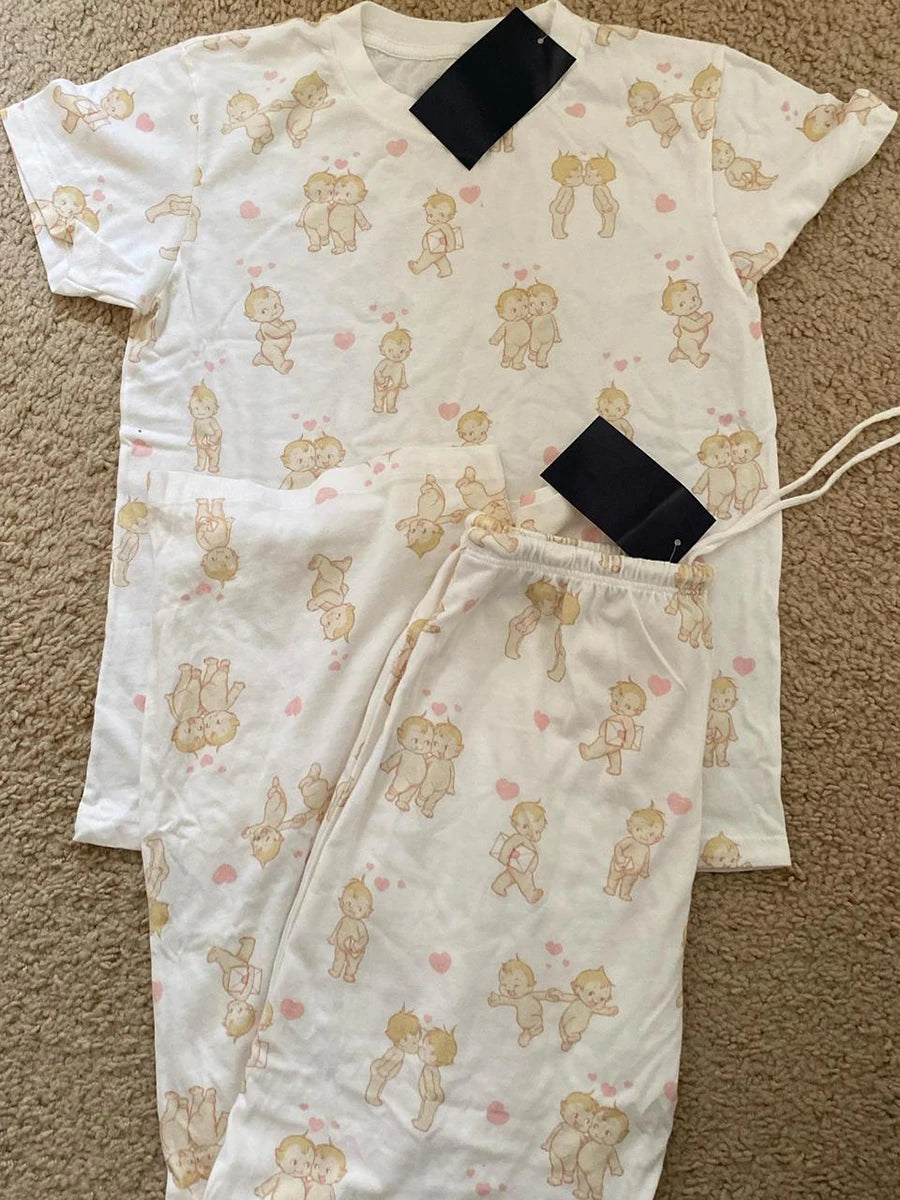 Angel Print T-shirt Pant Pajama Set Woman Short Sleeve Tee+Drawstring Straight Trousers Sweet Cute Cotton Home 2 Piece Sets