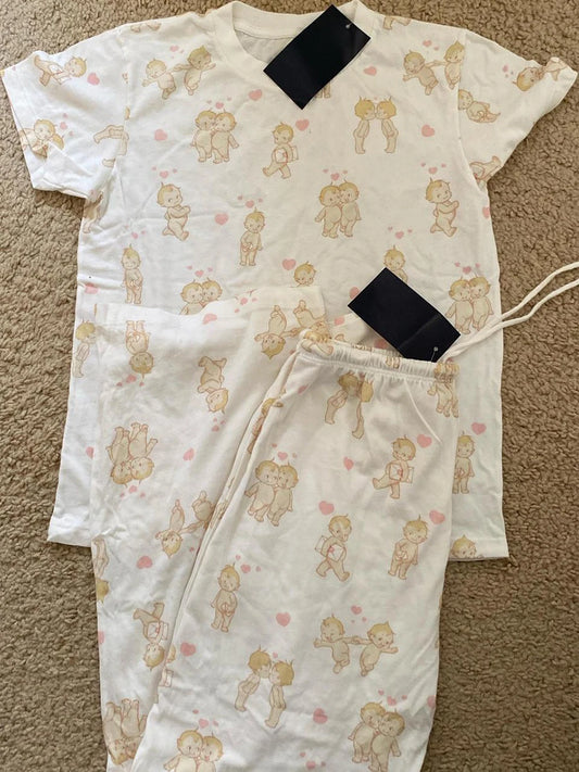 Angel Print T-shirt Pant Pajama Set Woman Short Sleeve Tee+Drawstring Straight Trousers Sweet Cute Cotton Home 2 Piece Sets