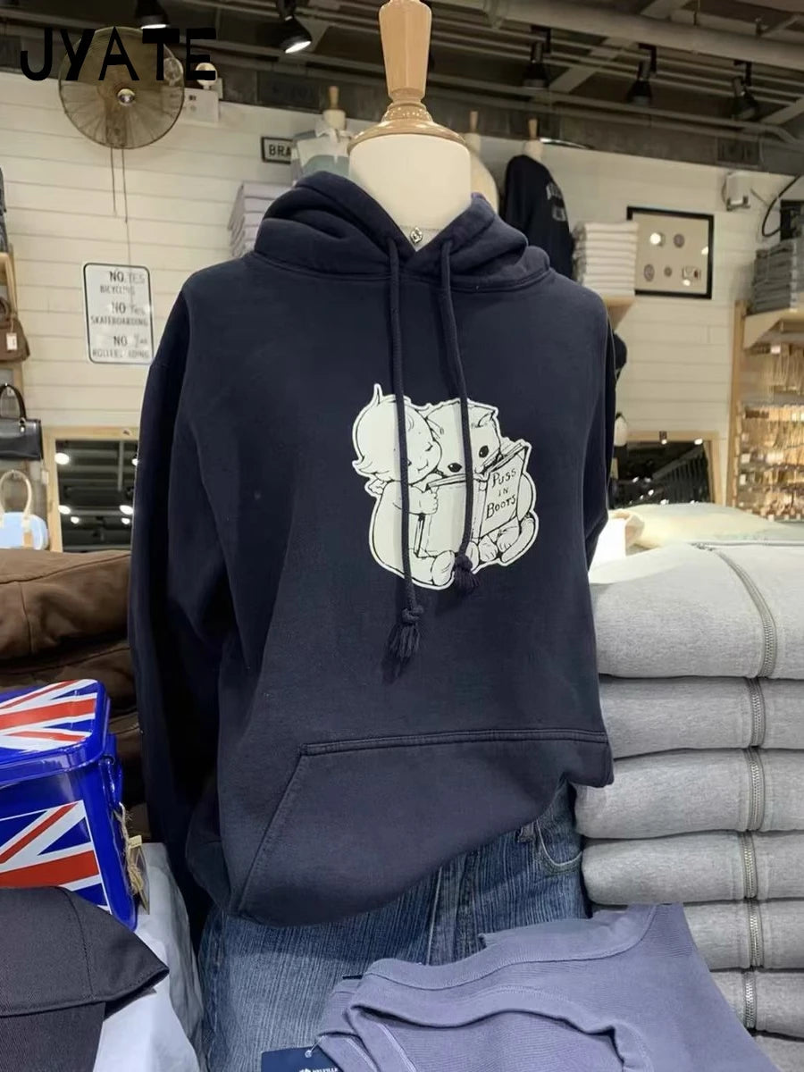 Harajuku Angel Cats Print Hoodies Women Pockets Cotton Soft Casual Streetwear Pullover Tops Vintage Loose Sweet Y2K Sweatshirts