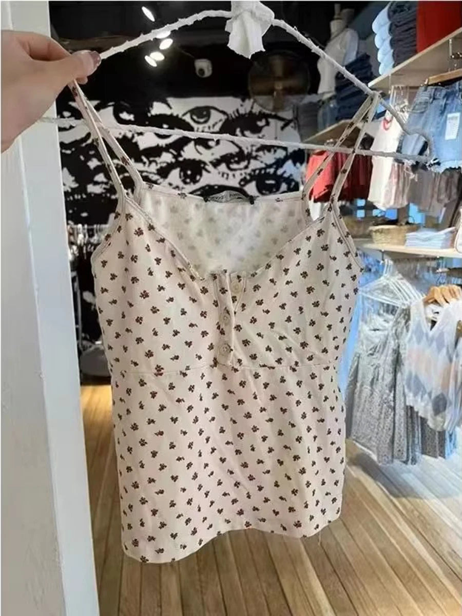 Red Floral Button Camisole Women Summer Casual Streetwear Slim Sleeveless Tank Tops Sweet Vintage Simple Vests Y2K
