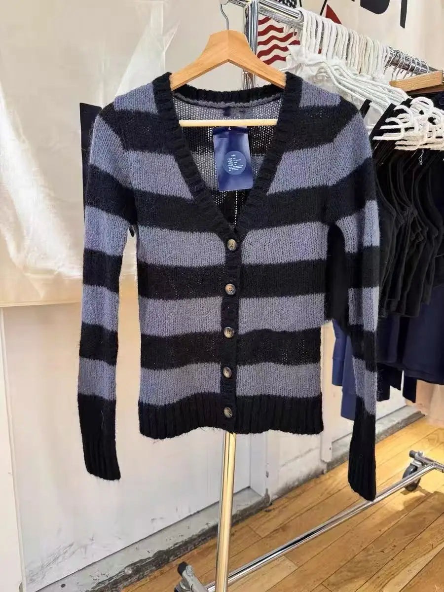 Striped Mohair Long Sleeve T-Shirt Cardigan Women Autumn V-Neck Cotton Thin Smock Button Top Vintage Sweet Cute Tee Shirt Tops