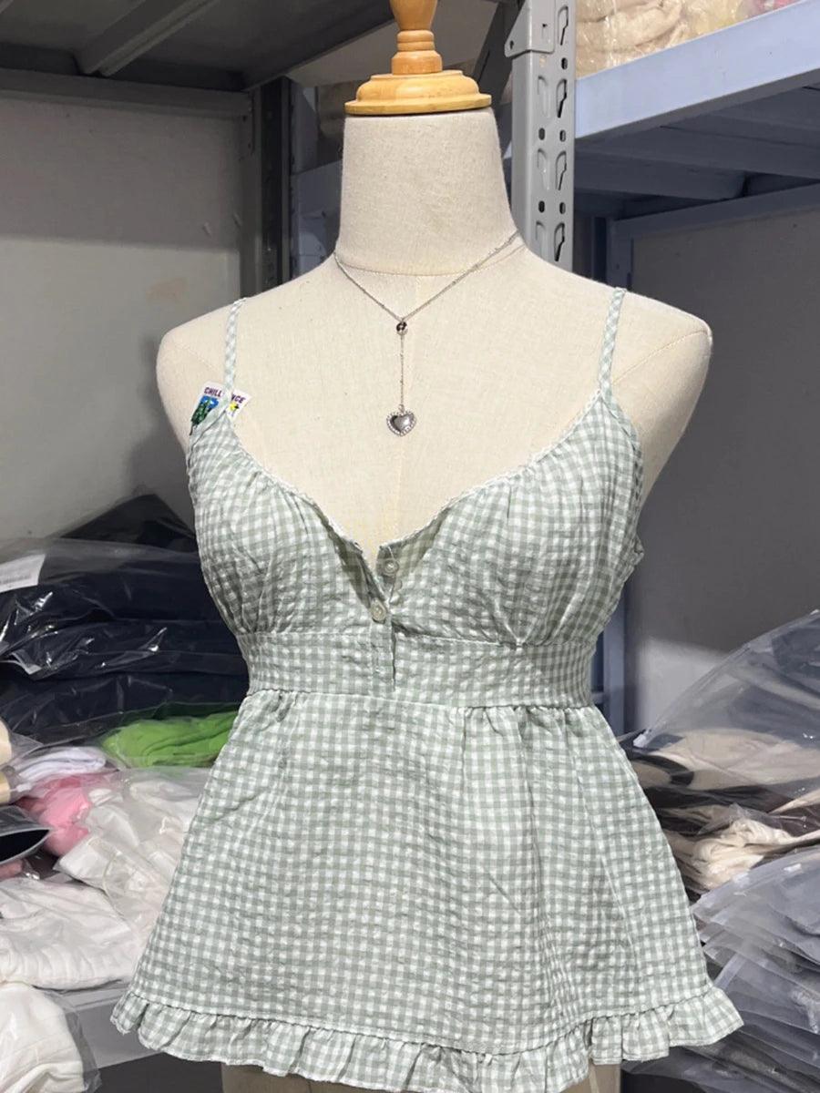 Navy Dot Slim Buttons Tank Top Woman Summer New Lace Trim V-neck Back Lace-up Cotton Camis Clothes Vintage Sweet Crop Tops Y2K