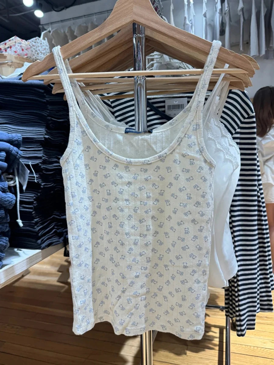 Little Bear Print Eyelet Tank Tops Women Summer Casual U Collar Neck Cotton Slim Sleeveless Vests Sweet Cute Chic Camisole Y2K