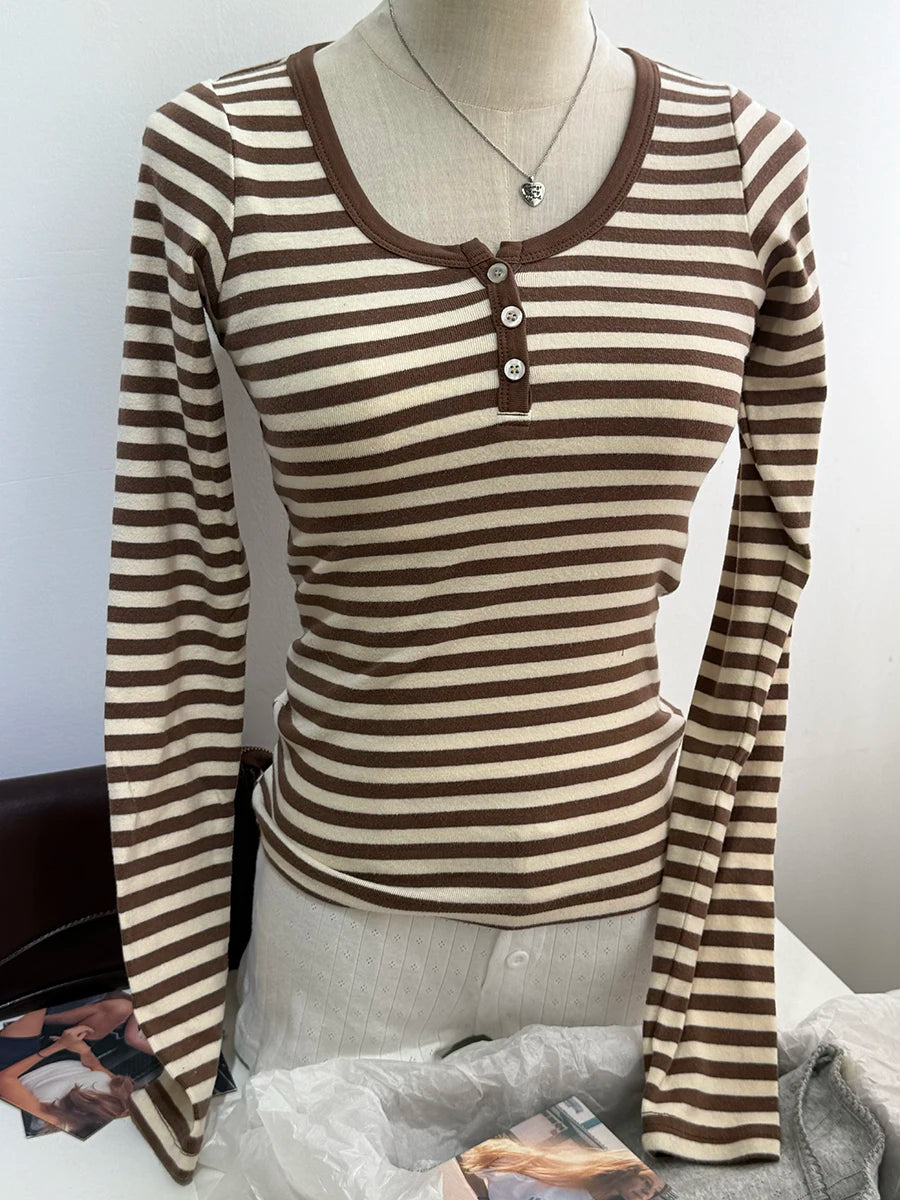 Brown Striped Long Sleeve Tees Women Autumn Streetwear Casual Cotton Buttons Slim Zelly Tops Retro Simple Chic T-shirts New Y2K