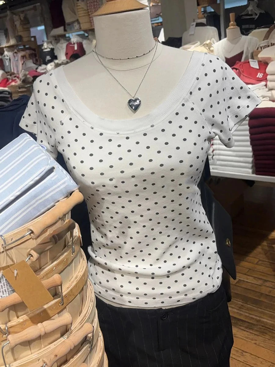 Slash Neck Short Raglan sleeve Cotton Tee Shirts Women Casual Preppy Style White Slim Tshirts Female Sweet Polka Dot T-shirt Y2K