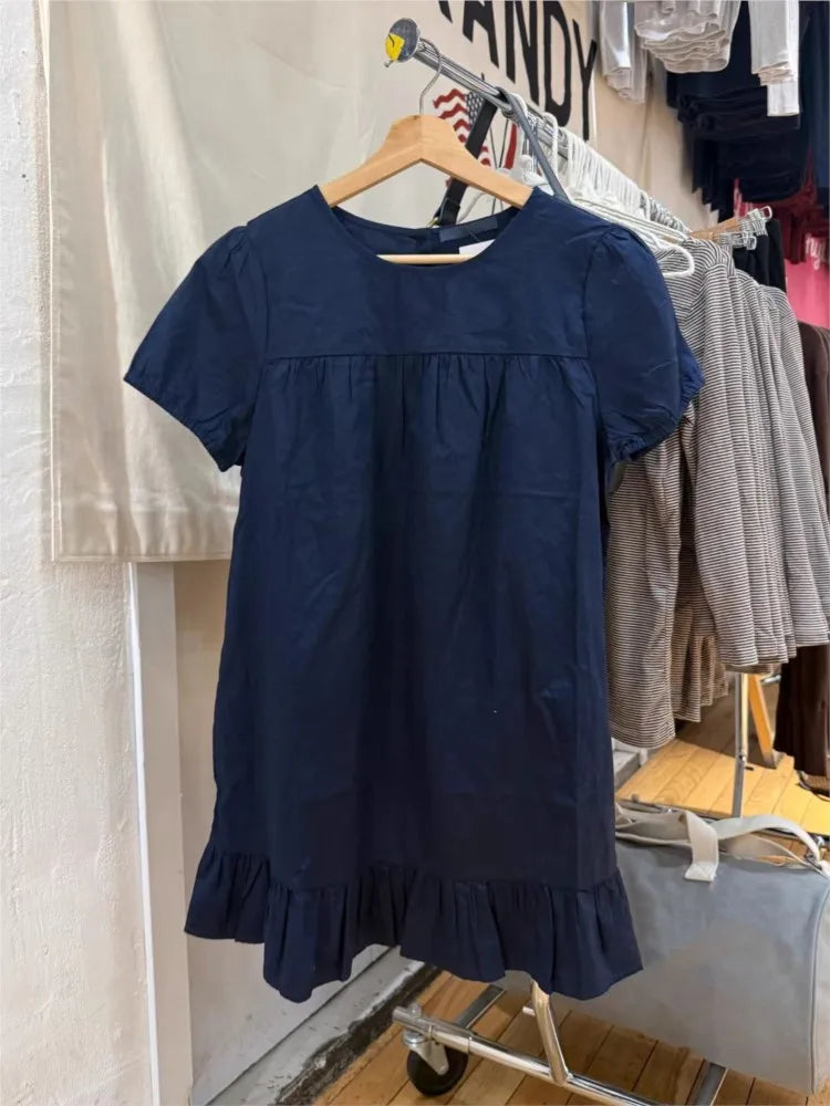 Vintage Navy Puff Sleeve Dress Women Streetwear Simple Ruffled Hem Cotton Dresses Y2K Clothes Sweet Cute Preppy Style Vestidos
