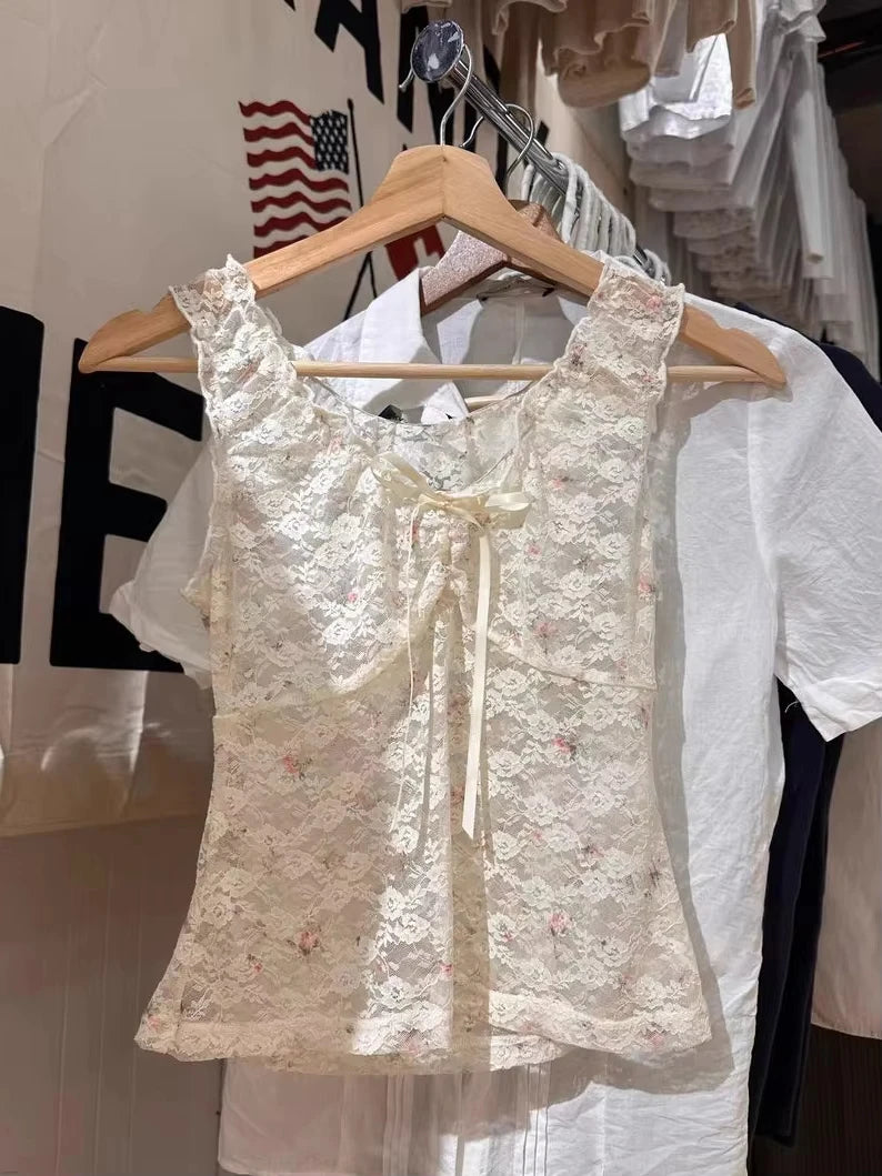 Floral Lace Sexy Transparent Solid Vests Women Cotton Bow V-neck Lace-up Sleeveless Thin Tank Tops Cute Streetwear Y2K Crop Tops