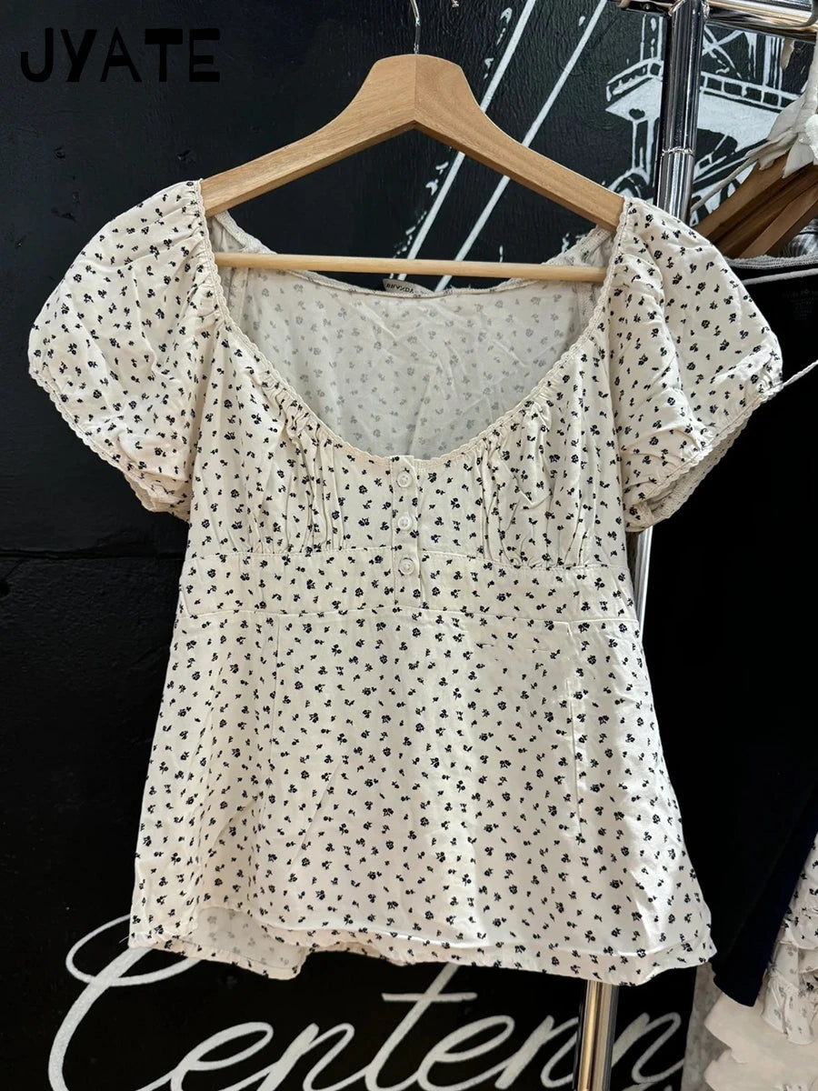 Vintage Gray Plaid Short Puff Sleeve Tee Women Three Button Square Neck Lace Trim T-Shirt Blouse Sweet Cute Retro Crop Tops New
